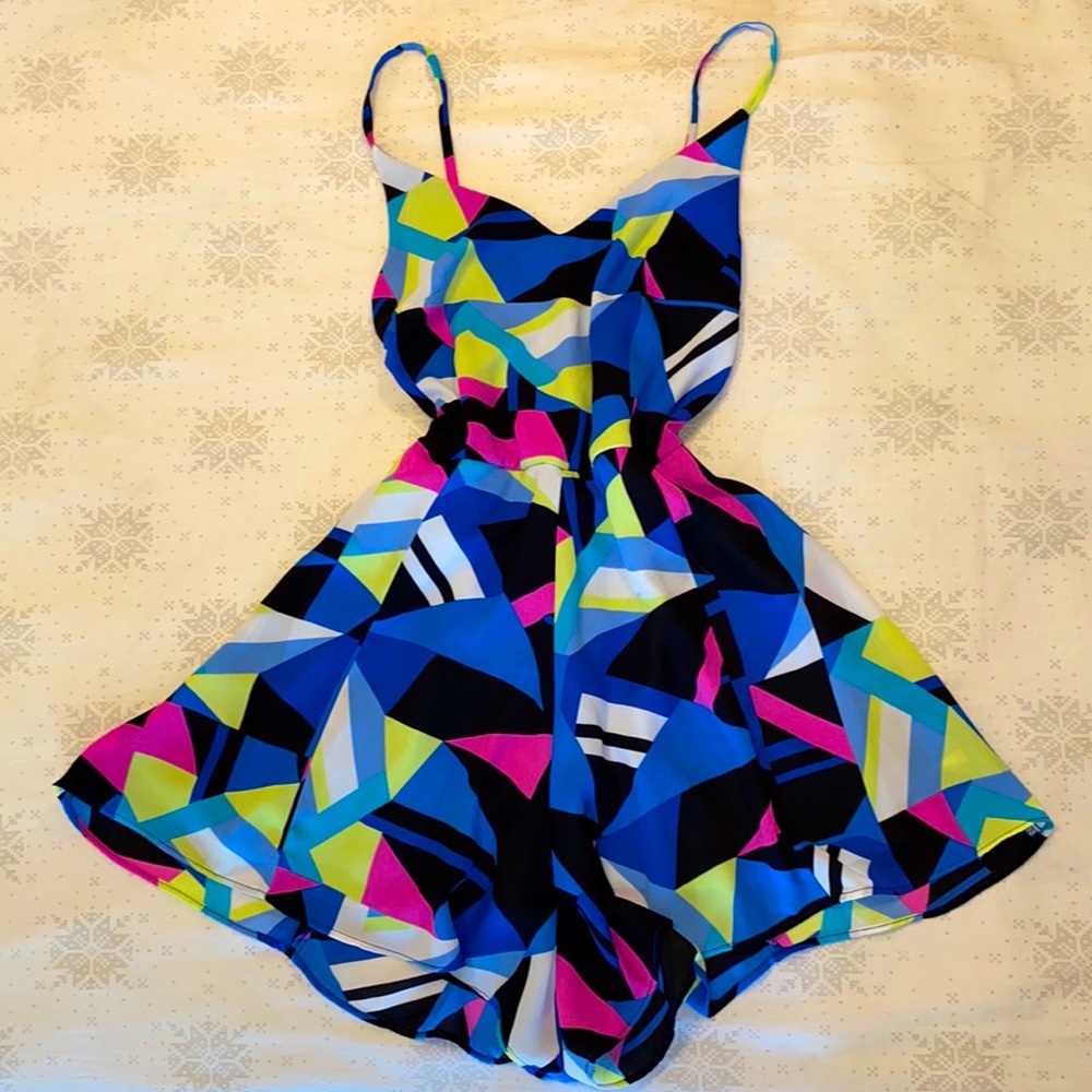 vibrant, geometric, adjustable romper